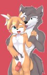 age_difference anthro anthro_on_anthro arm_tuft balls black_nose blep blue_eyes cheek_tuft chest_tuft chibi closed_smile duo erection facial_tuft foreskin front_view fur genitals glistening glistening_eyes glistening_hair grey_body grey_eyes grey_fur grey_hair hair handjob humanoid_genitalia humanoid_penis male male/male mouth_closed nude one_eye_closed open_mouth orange_body orange_fur orange_hair outline penile penis red_background red_penis red_tongue sex short_hair shoulder_tuft simple_background smile tongue tongue_out tuft white_balls white_body white_fur white_outline white_penis young young_anthro kewkungzn canid mammal hi_res