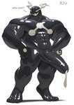 abs balls barazoku big_balls big_penis bodily_fluids cum fangs feet genital_fluids genitals huge_penis latex male muscular muscular_male penis sharp_teeth simple_background solo teeth text white_background cxcxxcxxxx alien latex_creature living_latex monster 2023 absurd_res english_text hi_res