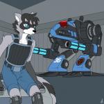 arm_cannon belt black_body black_fur black_hair blue_eyes bottomwear cannon clothed clothing cybernetic_arm cybernetic_leg cybernetic_limb cybernetics fur grey_body grey_fur gun hair hangar inside machine male mecha multicolored_body multicolored_fur prosthetic prosthetic_limb ranged_weapon shorts solo topwear vest weapon white_body white_fur prdarkfox battletech mechwarrior nova_(mech) cyborg mammal procyonid raccoon 1:1 2019 absurd_res digital_media_(artwork) hi_res