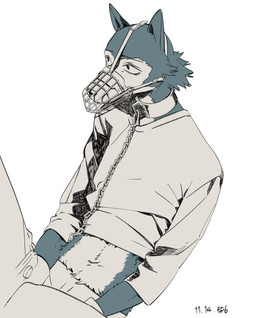 anthro bdsm bound collar hands_tied leash male midriff muzzle_(object) muzzled navel simple_background solo white_background wire_basket_muzzle worried sangitty131 beastars legoshi_(beastars) canid canine canis mammal wolf absurd_res hi_res monochrome