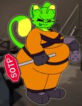 anthro biped blurred_background clothing eyes_closed fur green_body green_fur male orange_jumpsuit overweight overweight_anthro overweight_male photo_background solo standing stop_sign tongue tongue_out duskerhu lethal_company regretevator gnarpy domestic_cat felid feline felis gnarpian mammal 2024 colored digital_drawing_(artwork) digital_media_(artwork) photography_(artwork)