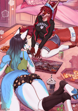 anthro biped bottomwear breasts butt claws clothed clothed_anthro clothed_female clothing duo feet female fingers front_view fully_clothed fully_clothed_anthro fully_clothed_female fur hair inner_ear_fluff inside kneeling looking_at_viewer lying on_front paws rear_view smile tail teeth toes tongue topwear tuft angellsview3 conditional_dnp canid canine fox mammal 2026 absurd_res digital_drawing_(artwork) digital_media_(artwork) hi_res