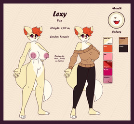 4_toes 5_fingers anthro anthrofied areola big_breasts border breasts clothed clothing feet female fingers fur genitals hair huge_breasts mature_anthro mature_female nipples nude open_mouth orange_hair pink_eyes purple_border solo standing text thick_thighs toes vulva wide_hips yellow_body yellow_fur max_draws lexy_(max_draws) canid canine fox mammal absurd_res english_text hi_res model_sheet