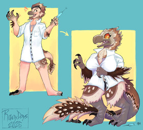 anthro arm_feathers before_and_after breasts brown_eyes claw_growth claws clothed clothing coat discarded_clothing eyewear feather_growth feathers feet female for_science! gender_transformation goggles growth human_to_anthro lab_coat male mid_transformation mtf_transformation open_mouth orange_eyes orange_sclera partially_clothed pupils scales scientist sharp_teeth sickle_claw simple_background slit_pupils snout snout_growth solo species_transformation syringe tail tail_feathers tail_growth talons teal_background teeth toe_claws toes topwear transformation transformation_sequence underwear unforeseen_consequences yellow_eyes curseddragonldy dinosaur dromaeosaurid feathered_dinosaur feathered_scalie human mammal prehistoric_species reptile saurischian scalie theropod utahraptor hi_res
