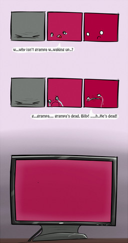 :c >_< ambiguous_gender bodily_fluids computer crying death dialogue electronics empty_eyes eyes_closed frown gradient_background grey_background grey_body group humor monitor not_furry open_mouth red_body sad simple_background speech_bubble tears text white_background syynx animate_inanimate 2013 comic digital_media_(artwork) english_text hi_res