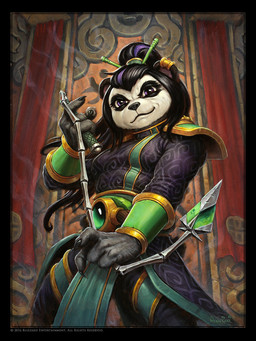 anthro black_body black_fur black_hair blue_eyes breasts female fur hair highlights_(coloring) holding_object holding_weapon looking_at_viewer low-angle_view purple_highlights smile solo weapon glenn_rane blizzard_entertainment hearthstone warcraft aya_blackpaw bear mammal pandaren 2016 3:4 official_art