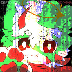 ambiguous_gender anthro fur green_body green_fur horn kemono kerchief looking_at_viewer psychedelic red_eyes smile solo white_body white_fur young cherrycake_x deftones cherrycake_x_(kito) canid canine canis demon domestic_dog hybrid mammal 1:1 album_cover cover hi_res male_(lore)