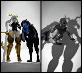 accessory anthro antlers armor black_eyes blue_body blue_eyes blue_fur bodily_fluids breasts chest_tattoo clothed clothed_anthro clothed_female clothed_human clothed_male clothing crying dream_breaker_(pseudoregalia) fell_down female fur furgonomics gesture gold_(metal) grey_body grey_fur grey_hair group hair hand_gesture heterochromia horn jewelry leg_armor long_ears long_tongue looking_up_at_another male middle_finger ring simple_background tail tail_accessory tail_jewelry tail_ring tattoo tears tongue trio conditional_dnp domi3d warfaremachine_(modeler) apu_spills_his_nuggies pseudoregalia bass_boosted_soldier domi_(domi3d) sybil_(pseudoregalia) warfare_sybil human hybrid lagomorph leporid mammal rabbit 3d_(artwork) absurd_res digital_media_(artwork) hi_res meme source_filmmaker_(artwork)