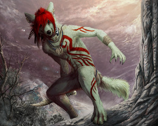 4_toes 5_fingers anthro black_nose dagger detailed_background digitigrade ear_piercing feet fingers fur group hair holding_object holding_weapon male melee_weapon nude piercing red_body red_fur red_hair sky smile solo_focus toes weapon white_body white_fur nukerooster canid canine canis mammal wolf 5:4