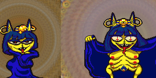 6_breasts abstract_background anthro big_eyes big_nipples big_vulva black_nose blue_clothing blue_hair blue_pubes blue_robe bob_cut breasts clothing covering covering_self creepy creepy_face cross egyptian female flashing flashing_breasts flashing_pussy genitals grotesque hair half-closed_eyes headdress inverted_cross jewelry lips multi_breast narrowed_eyes nipples piercing pubes red_nipples robe sharp_teeth side_by_side snake_hood solo spiral_background teeth thick_thighs tongue tongue_out vulva what yellow_body alexis_wasilla animal_crossing nintendo ankha_(animal_crossing) cobra domestic_cat felid feline felis mammal reptile scalie snake digital_media_(artwork) pixel_(artwork) shaded
