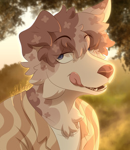 ambiguous_gender anthro asymmetrical_ears bangs blue_eyes cheek_tuft clothed clothing eyebrows facial_tuft floppy_ears folded_ears fur fur_tuft hair half-closed_eyes looking_at_viewer markings narrowed_eyes nature_background open_clothing open_mouth open_shirt open_smile open_topwear outside pattern_clothing raised_eyebrow shirt smile smiling_at_viewer solo spots spotted_markings spotted_nose t-shirt teeth tongue tongue_out topwear tuft warm_lighting justdylanfr australian_shepherd canid canine canis domestic_dog herding_dog mammal pastoral_dog sheepdog hi_res warm_colors