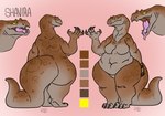 anthro belly big_belly breasts brown_body brown_scales claws featureless_breasts featureless_crotch female huge_belly huge_thighs long_claws navel non-mammal_breasts non-mammal_navel open_mouth overweight overweight_anthro overweight_female scales shavira_(prehistoric_predation) slightly_chubby solo spots tail thick_tail thick_thighs tongue wide_hips dilla-croc lizard monitor_lizard reptile scalie hi_res