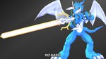 anthro bandai_namco big_sword black_background blue_body digimon digimon_(species) digimon_adventure_02 dragon exveemon male metalbro7 mythological_creature mythological_scalie mythology red_eyes scalie simple_background solo tail