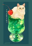 ambiguous_gender beverage blue_border border cherry container cup dessert detailed detailed_food dilution domestic_cat drinking_glass felid feline felis feral food fruit fur glass glass_container glass_cup green_background green_theme ice_cream ice_cream_float japanese_text june_sunamusi looking_at_viewer mammal melon_soda paws plant signature simple_background sitting solo teal_eyes text translation_check whiskers yellow_body yellow_fur