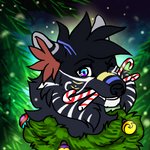 black_body black_fur blue_markings candy candy_cane cheek_tuft christmas_tree dessert dipstick_ears ear_markings facial_markings facial_tuft feral food fur head_markings head_tuft holidays inner_ear_fluff looking_at_viewer male markings multicolored_body multicolored_ears multicolored_eyes multicolored_fur object_in_mouth one_eye_closed ornament plant red_inner_ear_fluff solo tree tuft white_body white_fur white_markings wink yellow_markings atsuoru christmas sirius_hoshi_skaarsgard canid canine canis hybrid mammal wolf 1:1