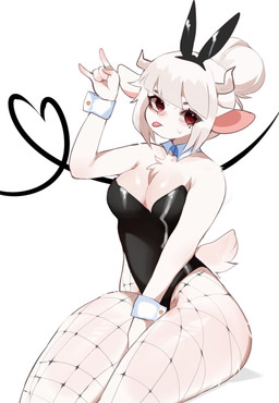 anthro biped bunny_costume clothed clothing costume crossed_legs female hair hair_bun heart_symbol horn looking_at_viewer red_eyes simple_background solo tongue tongue_out white_background white_body fredek666 helltaker goat_lucifer_(helltaker) bovid caprine goat mammal digital_media_(artwork) hi_res shaded
