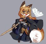 anthro averi_(fiddleafox) bottomwear brown_body brown_eyes brown_fur byleth_(fire_emblem) canid canine cape clothing dipstick_tail english_text female female_anthro fire_emblem fire_emblem_three_houses fox fur gloves_(marking) hair leg_markings legwear mammal markings melee_weapon nintendo red_fox shorts simple_background socks_(marking) solo sword tail tail_markings text thigh_highs true_fox unknown_artist weapon white_body white_fur