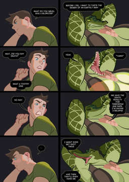 anthro big_breasts biped breasts cleavage clothed clothing cock_and_ball_torture dialogue duo female female_anthro genital_mutilation genital_torture genitals green_body green_scales green_sclera male male_human mutilation penis penis_necklace scales severed_body_part severed_genitals severed_penis severed_penis_necklace sharp_teeth teeth text thought_bubble smolevn guy_randoms sgt._bertha_gator crocodile crocodilian human mammal reptile scalie comic english_text hi_res