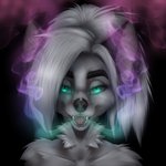 anthro black_body black_fur blue_eyes fangs female fur hair multicolored_body multicolored_fur open_mouth open_smile smile solo teeth tongue two_tone_body two_tone_fur white_body white_fur white_hair tashalisets tasha_lisets canid canine fox mammal 1:1 headshot_portrait hi_res icon portrait