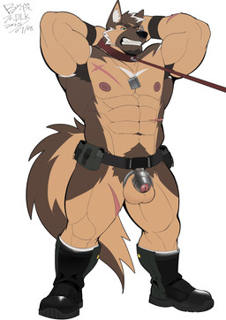 abs annoyed anthro armpit_hair athletic balls belt big_penis biped body_hair boots chastity_cage chastity_device clenched_teeth clothing collar eye_scar facial_scar footwear genitals hands_behind_head happy_trail humanoid_genitalia humanoid_penis jewelry leash leashed_collar male metal_chastity_cage muscular muscular_male necklace penis pubes scar shoes simple_background solid_chastity_cage solo standing teeth three-quarter_view urethra wearing_chastity_cage wearing_chastity_device white_background wristband inuart2001 canid canine canis domestic_dog german_shepherd herding_dog mammal pastoral_dog absurd_res hi_res signature