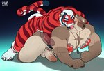 all_fours anal anal_penetration anthro barazoku beard big_pecs big_penis blue_beard blue_facial_hair blush cheek_to_cheek duo ear_piercing erection eyes_closed facial_hair from_behind_position fur genitals internal internal_anal jewelry licking looking_pleasured male male/male mounting muscular muscular_bottom muscular_male muscular_thighs muscular_top neck_lick necklace necklace_only nipple_fetish nipple_pinch nipple_play nude pec_squeeze pecs penetration penile penile_penetration penis penis_in_ass piercing pinch red_stripes sex striped_body striped_fur stripes tail tongue x-ray_view wufrick theor_(character) wufrick_(character) american_badger badger felid mammal mustelid musteline pantherine siberian_tiger tiger hi_res