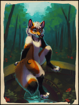 anthro black_body black_claws black_fur black_markings black_nose bridge claws featureless_crotch fur gesture glistening glistening_eyes green_eyes hair male male_anthro markings messy_hair mouth_closed nude orange_body orange_fur outside plant short_hair shrug sitting solo tree white_body white_fur white_hair mylafox canid canine mammal 2025 3:4 hi_res