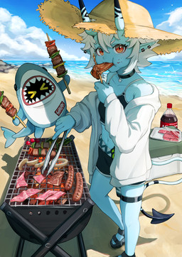 2_horns beach beverage_bottle bikini bikini_shorts blue_body blue_skin bottle choker clothing cloud container duo ear_piercing ear_ring eating feet female food footwear grill hair hat headgear headwear horn humanoid_pointy_ears jacket jewelry kebab meat midriff navel necklace non-furgonomic_headwear outside piercing pointy_ears ring_piercing sandals sausage shoes sky soda_bottle spade_tail straw_hat swimwear tail topwear two-piece_swimsuit water white_hair regit_etihw asian_mythology east_asian_mythology japanese_mythology mihoyo mythology zenless_zone_zero sharkboo soukaku bangboo demon humanoid oni yokai 2025 absurd_res hi_res
