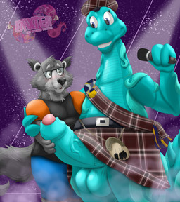 anthro bottomwear clothed clothing duo electronics erection kilt kilt_lift looking_at_another male male/male masturbation microphone nessy_(masked_singer) scottish baxterkangaroo binturong mammal monster scalie viverrid hi_res