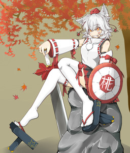 armwear asian_clothing black_bottomwear black_clothing black_skirt bottomwear clothing detached_sleeves east_asian_clothing female footwear geta grin hair hat headgear headwear japanese_clothing legwear looking_at_viewer melee_weapon on_rock one_ear_up orange_eyes red_clothing red_hat red_headwear rock shield shirt sitting sitting_on_rock skirt smile solo sword tengu_geta thigh_highs tokin_hat topwear weapon white_clothing white_hair white_legwear white_shirt white_sleeves white_thigh_highs white_topwear cube85 touhou momiji_inubashiri animal_humanoid canid canid_humanoid canine canine_humanoid humanoid mammal mammal_humanoid wolf_humanoid hi_res