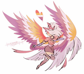 clothed clothing eye_patch eyewear feathered_wings feathers female lesbian_pride_colors lgbt_pride not_furry orange_lesbian_pride_colors pride_colors pride_heart solo wings yasutak1192 hazbin_hotel hellaverse vaggi_(hazbin_hotel) angel demon demon_humanoid fallen_angel humanoid hi_res