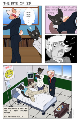 4_panel_comic 5_fingers accessory ambiguous_fluids angry anthro bandage bed big_butt big_ears big_eyes big_tail biped bite black_body black_clothing black_eyebrows black_footwear black_fur black_shoes black_tail blue_bottomwear blue_clothing blue_gloves blue_handwear blue_pants blue_suit blue_topwear book bookshelf bottle bottle_cap bottomwear butt butt_bite cast clipboard clothed clothed_anthro clothed_male clothing coat collared_shirt comic_panel container cutaway derp_eyes dialogue dipstick_tail doctor doctor's_coat dots ears_back ears_up electrocardiogram electronics ellipsis embarrassed exclamation_point eye_bags eyebrows eyes_closed fingers floppy_ears food footwear fur furniture gloves grey_body grey_fur grey_tail_tip group hair hands_together handwear holding_clipboard holding_object holding_pen hospital hospital_bed hospital_gown hospital_room humanoid_hands humor inside instant_karma iv_bag iv_drip iv_in_arm iv_line lab_coat looking_at_another looking_down lying lying_on_bed male male/male markings medical medical_gloves medical_instrument medicine multicolored_body multicolored_fur necktie on_back on_bed onomatopoeia open_mouth orange_body orange_fur orange_tail pants paper pen pivoted_ears plate poster question question_mark red_eyes red_necktie salad sandwich_(food) scientific_instrument shirt shocked shoes smile smiley_face snout sound_effects speech_bubble standing suit table tail tail_markings teeth teeth_showing television text thinking thought_bubble tongue tongue_out topwear trio two_tone_body two_tone_fur two_tone_tail violence water water_bottle white_body white_clothing white_collared_shirt white_eyes white_fur white_hair white_shirt white_tail white_topwear window wounded writing_on_clipboard yellow_eyes yuka_koshka janusz max_damage_(furry) nick_(chevyw) bolf canid canine canis hybrid mammal wolf wolfdog 2026 absurd_res comic english_text hi_res meme watermark