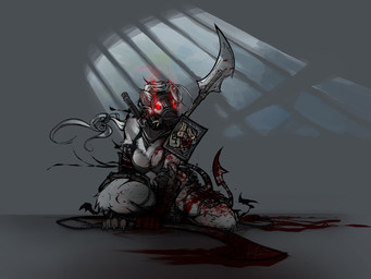 anthro armor blade blood bodily_fluids breasts chest_tuft claws dark female fur gas_mask glowing glowing_eyes hair knife mask melee_weapon paws polearm red_eyes scythe simple_background solo spear tail tail_blade tuft warrior weapon weapon_tail white_body white_fur white_hair tsampikos hasbro magic:_the_gathering wizards_of_the_coast ink-eyes mammal nezumi_(magic:_the_gathering) rodent 4:3 hi_res wallpaper