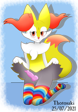 clothing footwear genitals kneeling knot legwear male penis presenting rainbow shy socks stockings text katsurokurosaki nintendo pokemon braixen generation_6_pokemon pokemon_(species) 2021 artist_name colored dated hi_res
