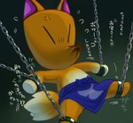 anthro apron blue_apron blue_clothing chain chained_up chibi clothing cross-popping_vein fur male orange_body orange_fur solo suggestive suggestive_posing text anbata33 animal_crossing nintendo crazy_redd canid canine fox mammal japanese_text translation_request