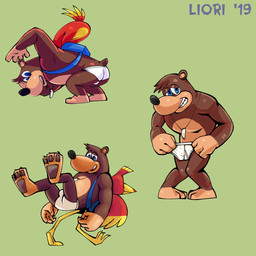 ambiguous_gender anthro backpack barefoot black_nose blue_eyes briefs briefs_only brown_body brown_fur brown_pawpads bulge butt clothed clothing covering covering_crotch duo embarrassed feathers feet female fur green_background group holding_clothing holding_object holding_underwear jewelry male necklace nude open_mouth pawpads presenting presenting_hindquarters red_body red_feathers simple_background solo teeth_showing text tighty_whities topless underwear underwear_only white_briefs white_clothing white_underwear yellow_body yellow_feathers redo_(artist) banjo-kazooie rareware banjo_(banjo-kazooie) kazooie avian bear bird mammal 1:1 2019 hi_res female_(lore)