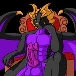 2_penises anthro balls black_body black_eyes black_sclera blue_body blush chair furniture genitals horn looking_at_viewer male multi_genitalia multi_penis muscular muscular_anthro muscular_male nude penis purple_body runes solo throne waiting wings yellow_eyes unknown_artist mythology void_guardian dragon mythological_creature mythological_scalie scalie 1:1 alpha_channel