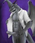 abs abstract_background anthro athletic athletic_anthro athletic_male balls beckoning bottomless claws clothed clothing erection genitals gesture glans grey_balls grey_body grey_glans grey_penis grey_scales hand_on_hip horn humanoid_genitalia humanoid_penis looking_at_viewer male membrane_(anatomy) membranous_wings non-mammal_balls open_clothing open_shirt open_topwear pecs penis purple_background scales shirt simple_background solo tail topwear wings fossilizedart european_mythology mythology blitz_the_dragon dragon mythological_creature mythological_scalie scalie western_dragon absurd_res hi_res