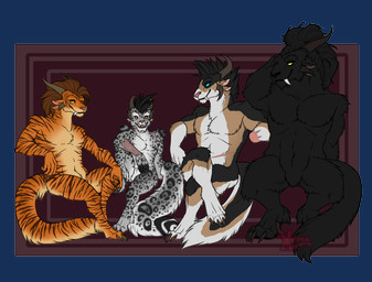 4_ears 4_horns amputee anthro black_hair blue_eyes brown_body brown_fur brown_hair claws digitigrade disability fangs featureless_crotch female fur group hair horn larger_anthro larger_female looking_at_viewer missing_arm multi_ear multi_horn multicolored_body multicolored_fur orange_body orange_eyes orange_fur pecs red_background scar simple_background sitting size_difference smaller_anthro smaller_female spots stripes tan_body tan_fur teeth white_body white_fur yellow_eyes vampirika guild_wars charr felid mammal 2021 alpha_channel digital_media_(artwork)