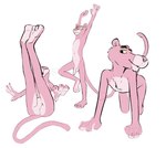 all_fours anthro balls bedroom_eyes countershading feet flaccid foreskin fur genitals humanoid_genitalia humanoid_penis legs_up looking_at_viewer lying male narrowed_eyes nude on_back on_one_leg penis pink_body pink_fur raised_arms seductive simple_background soles standing unretracted_foreskin white_background white_body white_countershading white_fur mindkog metro-goldwyn-mayer pink_panther_(series) pink_panther felid mammal pantherine