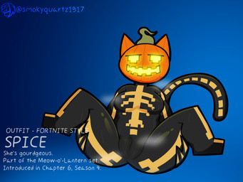 big_breasts breasts camel_toe clothed clothing female food for_a_head fruit genitals musk plant pumpkin pumpkin_head simple_background solo spread_legs spreading tail text thick_thighs tight_clothing vulva smokyquartz1917 epic_games fortnite spice_(fortnite) animal_humanoid domestic_cat felid feline felis humanoid mammal object_head artist_name digital_drawing_(artwork) digital_media_(artwork) english_text hi_res