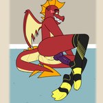 anthro anus black_clothing black_footwear black_socks clothing fangs footwear freckles genitals knot looking_at_viewer male penis red_body smile sock_fetish socks solo teeth wings yellow_clothing yellow_footwear yellow_socks aaron_amethyst friendship_is_magic hasbro my_little_pony mythology garble_(mlp) dragon mythological_creature mythological_scalie scalie 1:1 absurd_res hi_res