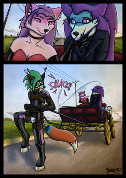 anthro bdsm bit_gag blue_body blue_fur blue_sky bondage bondage_gear bondage_gloves boots bound carriage chastity_cage chastity_device clothing collar comet_le_bouffon countryside dominant dominant_female exterior female footwear fur gag gally_vegas gloves hair halter handwear harness harness_bit_gag harness_gag hoof_boots hoof_gloves humiliation latex latex_clothing latex_gloves latex_handwear latex_skinsuit male multicolored_body multicolored_fur onomatopoeia orange_body orange_eyes orange_fur petplay pink_body pink_fur ponyplay public public_exposure public_humiliation purple_eyes purple_hair road roleplay scared shoes skinsuit sky sound_effects submissive submissive_male sweety2911 text tight_clothing walking whip avian bird canid canine domestic_cat felid feline felis fox galliform hybrid mammal peafowl phasianid absurd_res comic hi_res nonbinary_(lore)