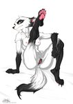 2020 anthro black_body black_fur breasts canid canine chloe_(johnfoxart) claws female fox fur genitals johnfoxart looking_at_viewer mammal pawpads paws presenting pussy raised_leg sitting smile smiling_at_viewer solo white_body white_fur