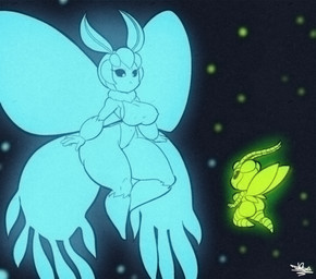 4_fingers antennae_(anatomy) anthro big_breasts big_butt black_background black_sclera blue_body breasts butt clothed clothed_female clothing curvy_figure duo eyelashes female fingers glowing green_body hair huge_butt leotard simple_background star thick_thighs voluptuous voluptuous_anthro voluptuous_female wide_hips wings tansau arthropod insect lepidopteran moth 2025 hi_res