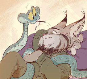 anthro clothing duo feral fur grey_body grey_fur hug inside male sweater topwear yellow_eyes zesik2626 disney zootopia gary_de'snake pawbert_lynxley canada_lynx felid feline lynx mammal pit_viper reptile scalie snake viper