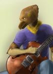 anthro beak biped clothed clothing green_background guitar hair looking_away male mane markings musical_instrument playing_guitar playing_music plucked_string_instrument simple_background sitting smile solo string_instrument franubis mythology ma'at_(franubis) avian gryphon mythological_avian mythological_creature hi_res