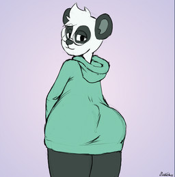 anthro backsack balls big_butt black_body black_butt black_ears black_eyes black_fur bottomless bottomless_male bouncing_butt butt clothed clothing clothing_lift eyewear femboy fur fur_tuft genitals glasses green_clothing green_topwear head_tuft heart_(marking) hoodie looking_at_viewer looking_back looking_back_at_viewer male markings monotone_tail narrowed_eyes presenting presenting_hindquarters rear_view shaking_butt simple_background smile solo standing tail tongue tongue_out topwear tuft white_body white_fur white_tail byondrage bear giant_panda mammal 2022 2d_animation animated frame_by_frame signature