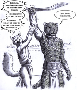 5_fingers anthro armor belt biped bottomwear claws clothing collar dialogue duo_focus fangs fingers fur group holding_melee_weapon holding_object holding_sword holding_weapon loincloth male markings melee_weapon motion_lines open_mouth open_smile smile speech_bubble spots spotted_body standing sword tail teeth text vambrace weapon wide_eyed yelling 0laffson background_character gladiator_cat_(0laffson) canid canine felid fox leopard mammal pantherine 2024 english_text graphite_(artwork) hi_res monochrome signature traditional_media_(artwork)