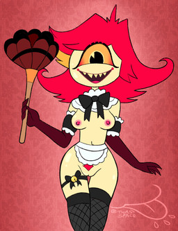 1_eye blonde_hair breasts claws clothed clothing fangs female genitals hair holding_object looking_at_viewer multicolored_hair nipples not_furry open_mouth open_smile partially_clothed pubes red_hair simple_background smile solo teeth thick_thighs two_tone_hair vulva yellow_body yellow_eyes thirstspace hazbin_hotel hellaverse niffty_(hazbin_hotel) cyclops demon demon_humanoid humanoid absurd_res hi_res