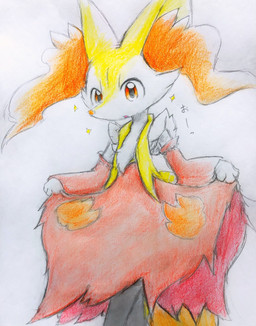 ambiguous_anthro ambiguous_gender anthro biped clothed clothing clothing_lift cosplay curtsey dress dress_lift front_view open_mouth simple_background snout solo sparkles standing text three-quarter_view eiroru nintendo pokemon braixen canid delphox generation_6_pokemon mammal pokemon_(species) 2018 colored_pencil_(artwork) colored_sketch graphite_(artwork) hi_res japanese_description portrait sketch three-quarter_portrait traditional_media_(artwork) translated translated_description